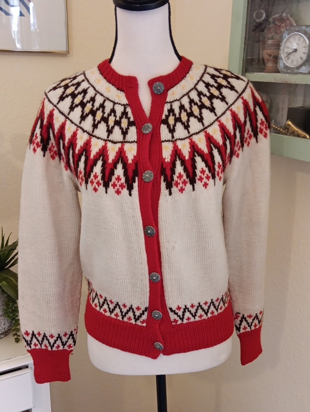 Vintage. Kjell of Norway Hand-Knitted Wool Cardigan - Red, Cream, Brown, Yellow